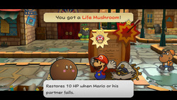 Mario getting a Life Mushroom from Lucky in Rogueport of Paper Mario: The Thousand-Year Door for Nintendo Switch.
