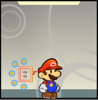 Mario riding the Flipside Tower elevator with a tilted Thoreau in Super Paper Mario.