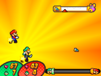 Mario and Luigi posing while under the Super Strike status effect in Mario & Luigi: Bowser's Inside Story.