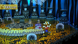 Mario getting a Coin from a bush in The Great Tree of Paper Mario: The Thousand-Year Door for Nintendo Switch.