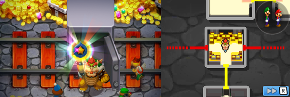 Bowser picking up the yellow star cure from a safe in Bowser's Castle of Mario & Luigi: Bowser's Inside Story + Bowser Jr.'s Journey.