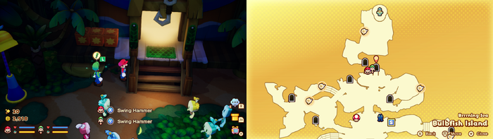 Mario and Luigi near wooden crates containing 2 Coins on Bulbfish Island of Mario & Luigi: Brothership.
