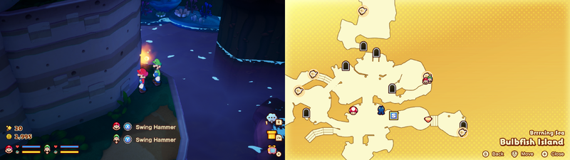 Mario and Luigi near a Sprite Bulb Nest on Bulbfish Island of Mario & Luigi: Brothership.