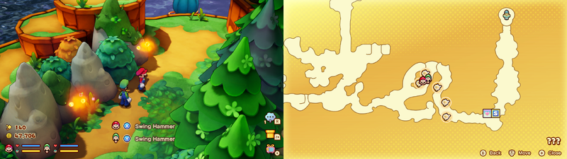 Mario and Luigi near 2 Sprite Bulb Nests on Conductor Island of Mario & Luigi: Brothership.