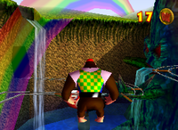 Chunky Kong inside the Fungi Forest minecart course on foot in Donkey Kong 64