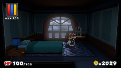 Mario near the unrevealed ghost in the Room 303 of Dark Bloo Inn of Paper Mario: Color Splash.