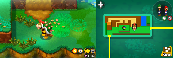 Bowser near five clumps of grass in which three are containing a Five Coin each in Dimble Wood of Mario & Luigi: Bowser's Inside Story + Bowser Jr.'s Journey.