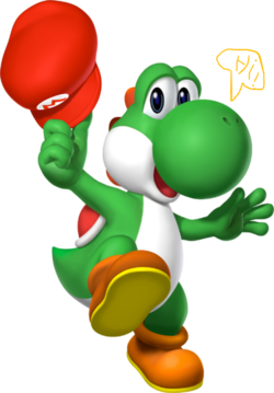 Yoshi with Mario's hat saying "Hi!".