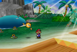 Mario finding Hearts in the Heart Plants on the Lavalava Island Beach of Paper Mario.