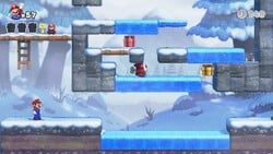 Screenshot of Slippery Summit Plus level 6-1+ from the Nintendo Switch version of Mario vs. Donkey Kong