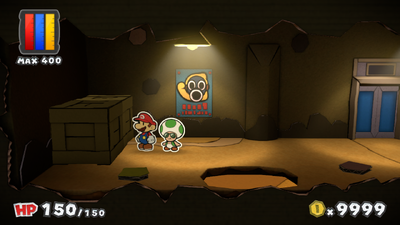Mario near 2 crates containing colorless Green Pokey and Pokey Battle Cards in Mustard Café of Paper Mario: Color Splash.