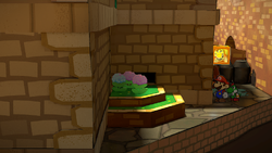 Mario next to the Shine Sprite in the backyard of the rightmost house in the west Rogueport in the remake of the Paper Mario: The Thousand-Year Door for the Nintendo Switch.