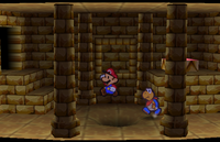 Dry Dry Ruins: Mario and Kooper in an area where all the sand is already drained into the hole. From Paper Mario.