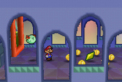 Mario finding a Star Piece under a platform in Shy Guy's Toy Box in Paper Mario