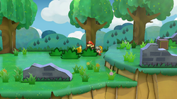 Mario getting a Coin from a tree in the Path to Shhwonk Fortress of Paper Mario: The Thousand-Year Door for Nintendo Switch.