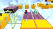 Mario in Beat Block Galaxy. The blocks disappear and re-appear to the beat of the music.