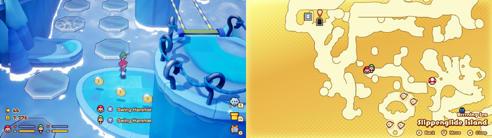 Mario and Luigi near 6 Coins on Slippenglide Island of Mario & Luigi: Brothership.