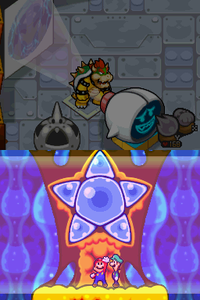 Mario and Luigi using the Star Panel in the Energy Hold inside Bowser's body, with Bowser in the Tower of Yikk using the Boo-ray Machine