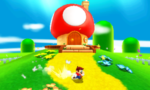 Small Mario outside of a Toad House in Super Mario 3D Land