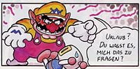 Wario shouting at and firing Bomberman, as seen in the Club Nintendo comic "Warios Weihnachtsmärchen".<br>A rough translation of the text in the speech bubble: "Vacation? You dare to ask me for that?".