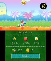Smiley Flower 1: Hidden Winged Cloud located among the Item Balloons at the start of the level. A trail of coins leading to it will appear if Light-Blue Yoshi hits another Winged Cloud at the right.