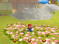 The first warp location in Bob-omb Battlefield in Super Mario 64 DS. The arrows indicate that Mario successfully warped to the flower patch.