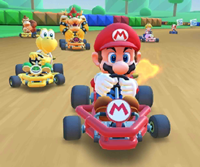 Thumbnail of the Wendy Cup challenge from the Super Mario Kart Tour; a Big Reverse Race challenge set on SNES Donut Plains 1