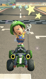 Baby Luigi (Work Crew) performing a trick.