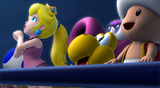 Peach and other various spectators enjoying the Bob-omb Derby/fireworks show at Mario Stadium.