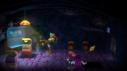 Mario getting the Star Piece under a hidden panel in the parrot room in Creepy Steeple in the remake of the Paper Mario: The Thousand-Year Door for the Nintendo Switch.