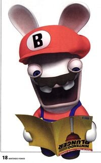 A Rabbid dressed as Mario reading Nintendo Plunger