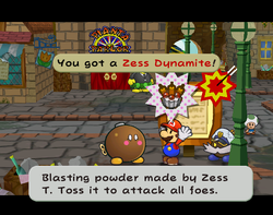 Mario getting a Zess Dynamite from Lucky in Rogueport of Paper Mario: The Thousand-Year Door.
