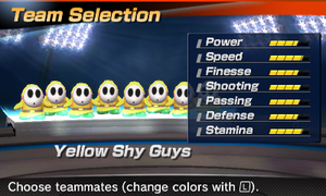 Yellow Shy Guy's stats in the soccer portion of Mario Sports Superstars