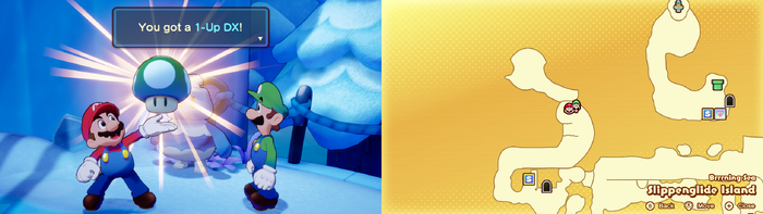 Mario being given a 1-Up DX by a robust Concordian on Slippenglide Island of Mario & Luigi: Brothership.