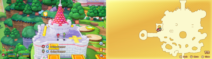 Mario and Luigi near 16 Coins in the illusionary Mushroom Kingdom area of Soli-Tree of Mario & Luigi: Brothership.