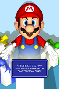 The screen shown when the player unlocks Special Kit 3 for the Construction Zone in Mario vs. Donkey Kong 2: March of the Minis.