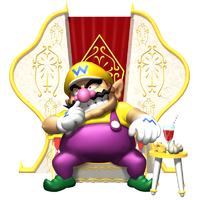 Wario sits on his throne in Wario World.
