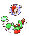Yoshi throwing an egg at Baby Mario
