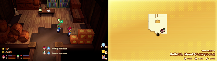 Mario and Luigi near wooden crates containing 2 Coins and a 10-Coin on Bulbfish Island of Mario & Luigi: Brothership.