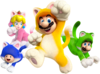Artwork of the four playable characters in their Cat form, from Super Mario 3D World.