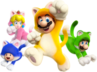 Artwork of the four playable characters in their Cat form, from Super Mario 3D World.