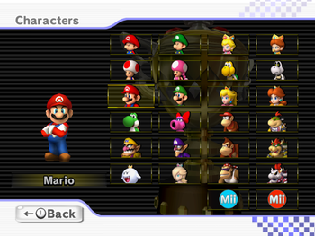 The complete character select roster, from Mario Kart Wii.