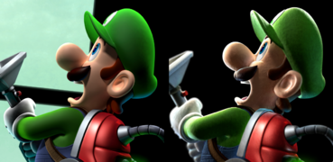 In the later artwork, the depth of Luigi's artwork is accentuated by blurring out areas which should appear further away, such as Luigi's gloves. In the earlier artwork, all points on Luigi's body were equally sharp.