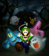 Luigi is scared by Boos, a Blue Twirler, a Purple Puncher, and a Gold Ghost.