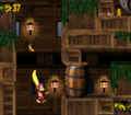 Dixie Kong falls between the crates at the beginning of the level