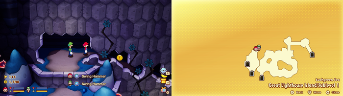 Mario and Luigi near 10 Coins and 5 10-Coin on Great Lighthouse Island of the Lushgreen Sea of Mario & Luigi: Brothership.