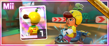 The Waluigi Mii Racing Suit from the Mii Racing Suit Shop in the Pipe Tour in Mario Kart Tour