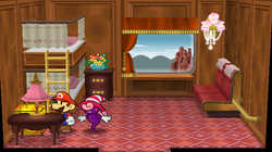 Mario next to the Shine Sprite in Cabin 5 of Excess Express in Paper Mario: The Thousand-Year Door.