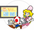 Toad and Princess Peach using the Wii U GamePad to bake a cake