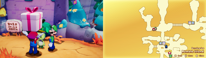 Mario and Luigi getting the Suspicious Package from a Concordian on Rumbla Island of Mario & Luigi: Brothership.